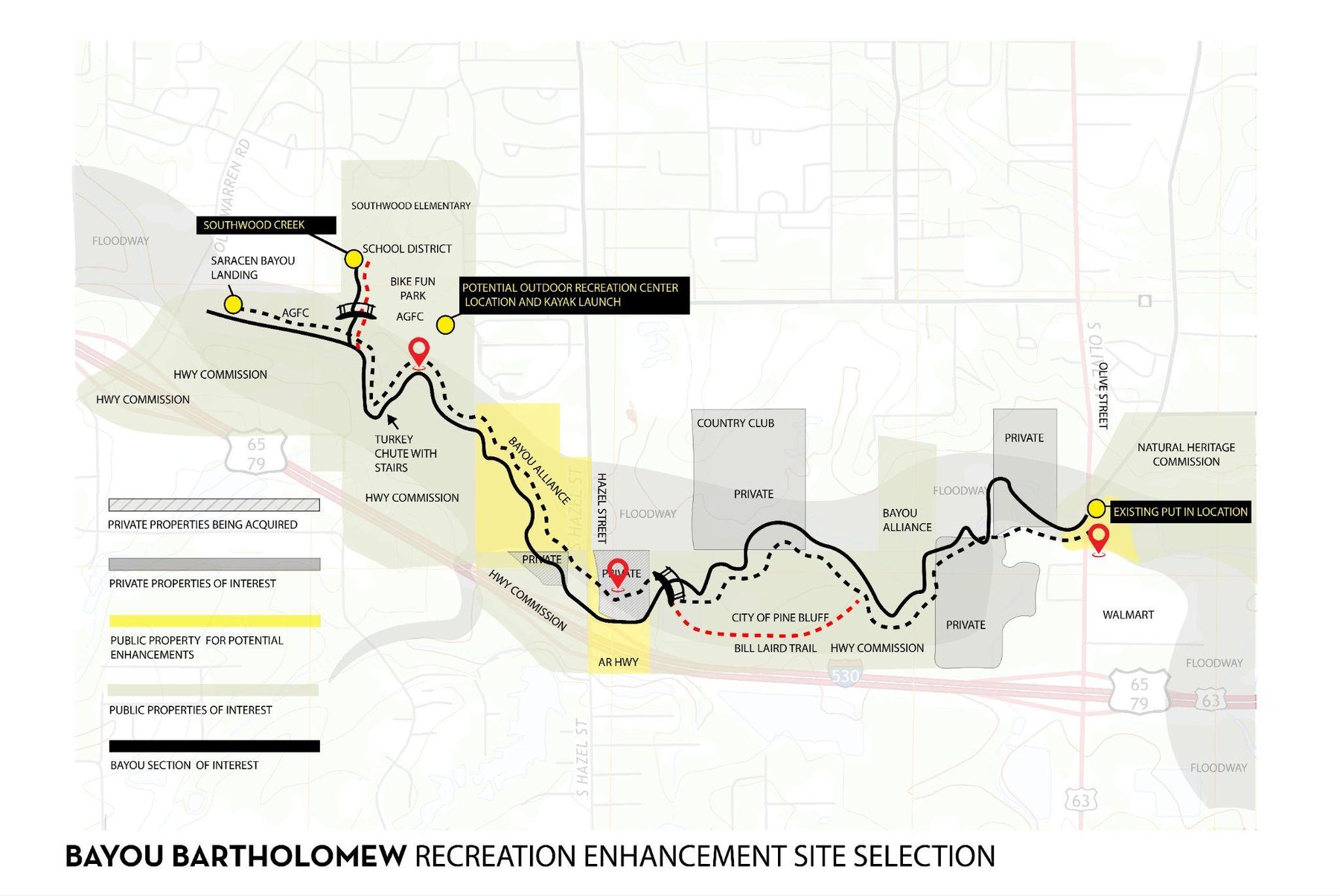 Site selection map of the Bayou Bartholomew Recreation Enhancement corridor, showing Saracen Bayou Landing at the north, the Bike Fun Park and proposed outdoor recreation center, Hazel Street Landing in the middle, the Bill Laird Trail connection, and the existing put-in near Olive Street at the south