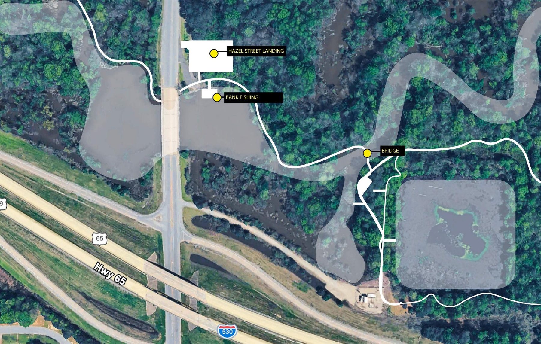 Aerial site plan of Hazel Street Landing showing the proposed landing, a bank fishing area and a new bridge crossing the bayou near Highway 65