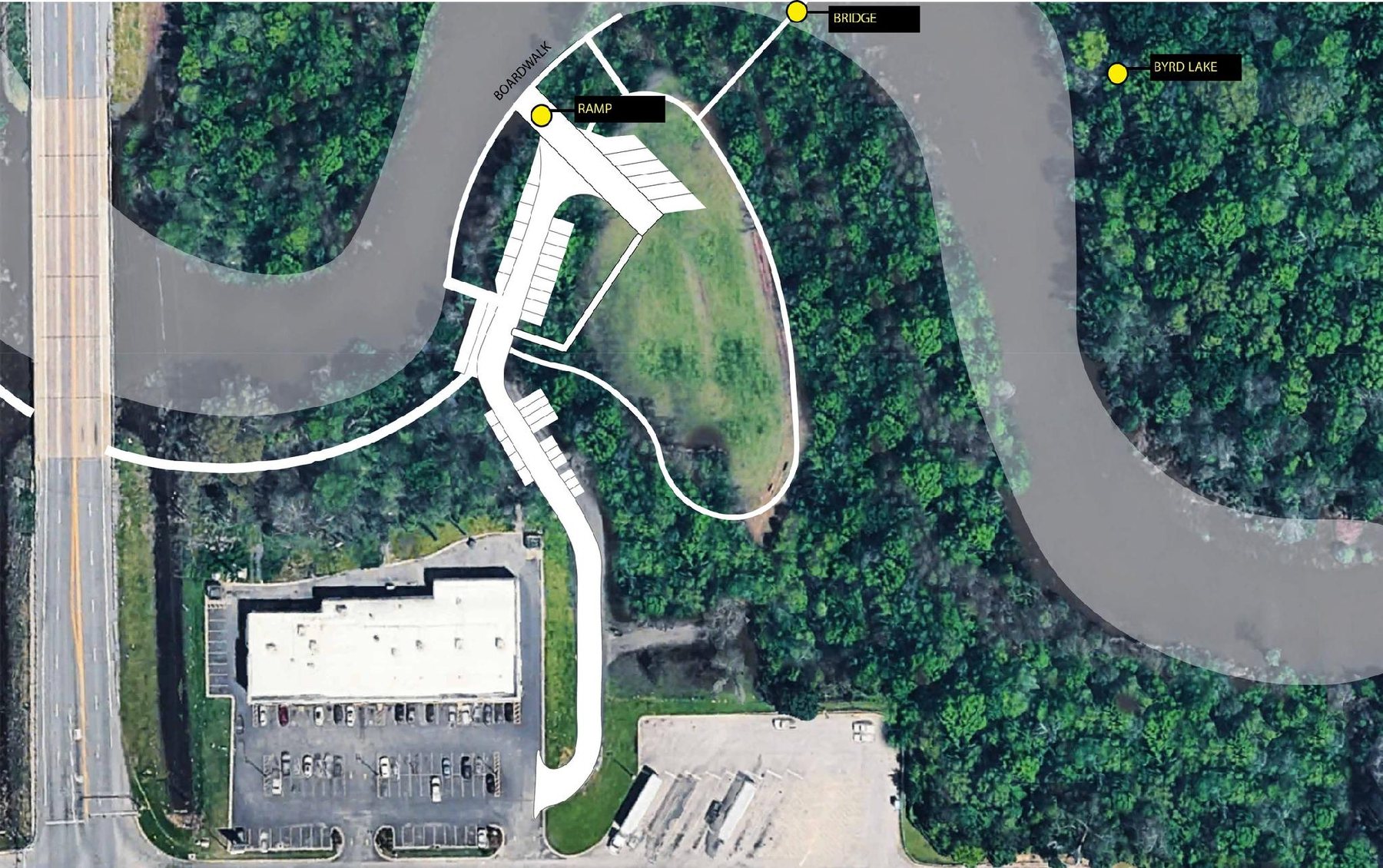 Aerial site plan of Olive Street Landing showing a proposed boardwalk, ramp and bridge opening onto Byrd Lake