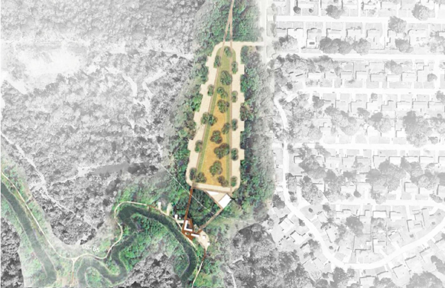 Site plan rendering of the proposed outdoor recreation and nature center, showing a tree-lined green, pathways and a structure beside the bayou