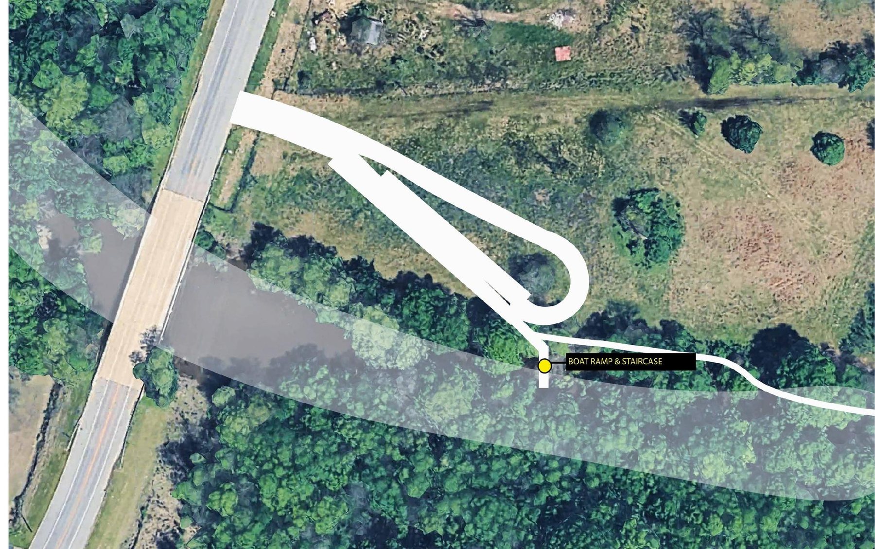 Aerial site plan of Saracen Bayou Landing showing a proposed boat ramp and staircase where the access road meets the bayou