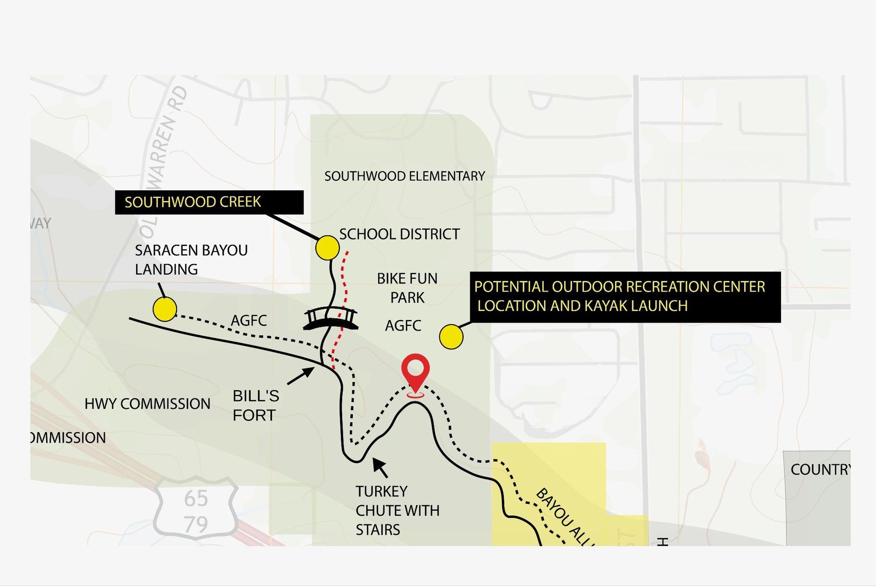 Plan map of the northern end of the corridor, labelling Saracen Bayou Landing, Southwood Creek, Bill's Fork, the Turkey Chute with stairs, the Bike Fun Park and the potential outdoor recreation center and kayak launch